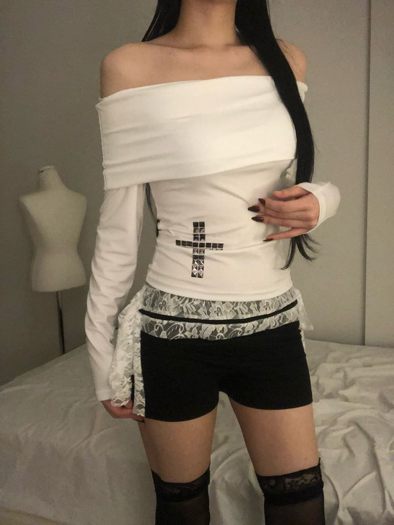 Crystal Stud Cross Off-Shoulder T