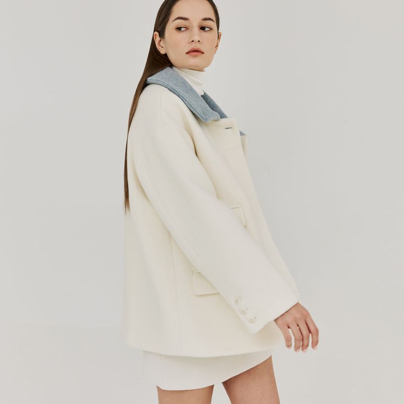 HERRINGBONE HIGH-NECK HALF COAT (IVORY)