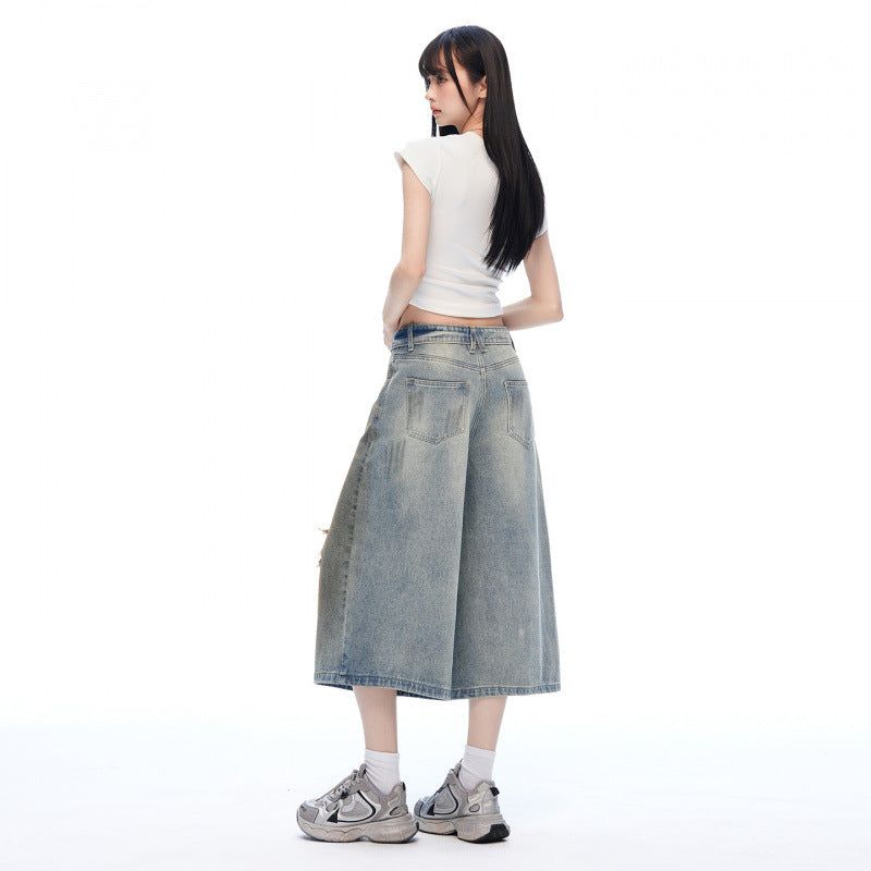 Grunge Vintage Distressed Wide-Leg Cropped Jeans
