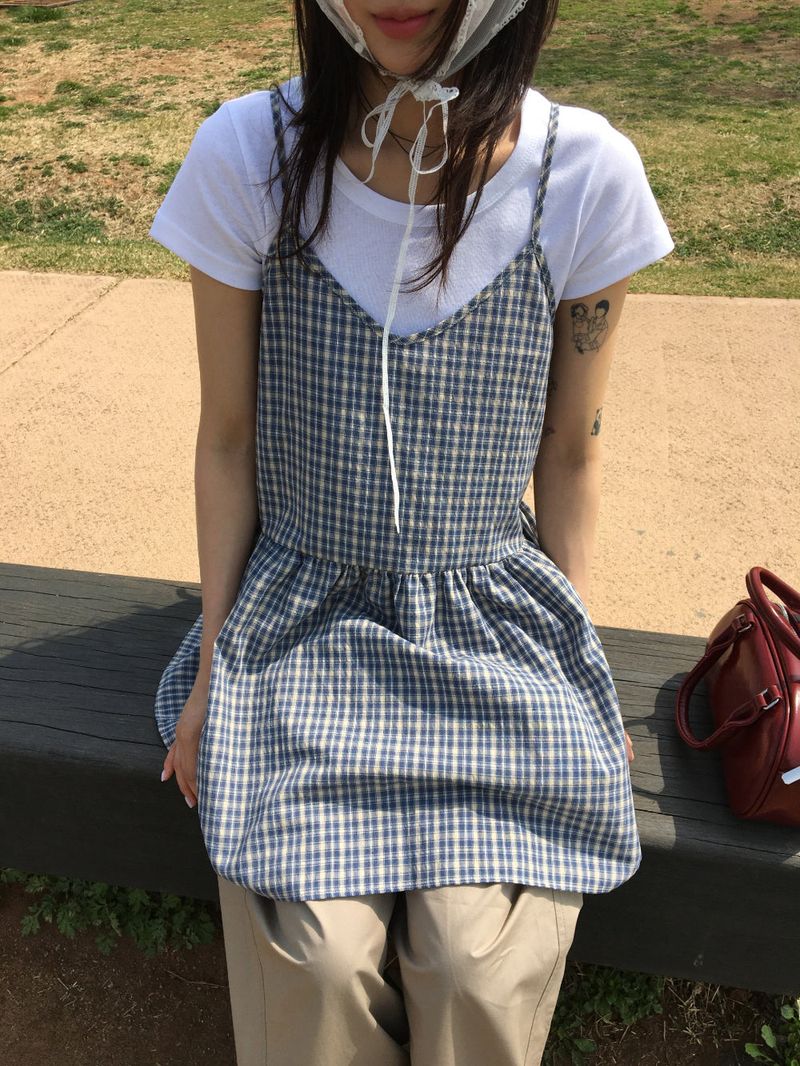 Plaid back strap one piece (2color)