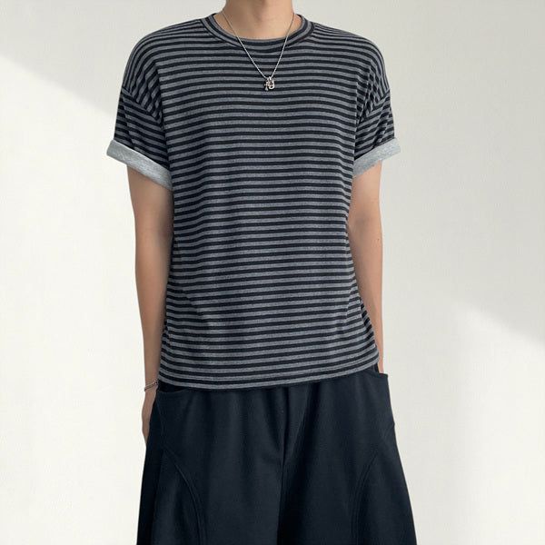 Ro-up Layered Roll-Up Stripe Short Sleeve T-Shirt (4 colors)
