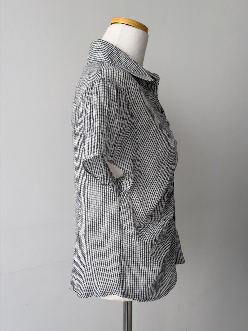 Check Shirred Short Sleeve Blouse