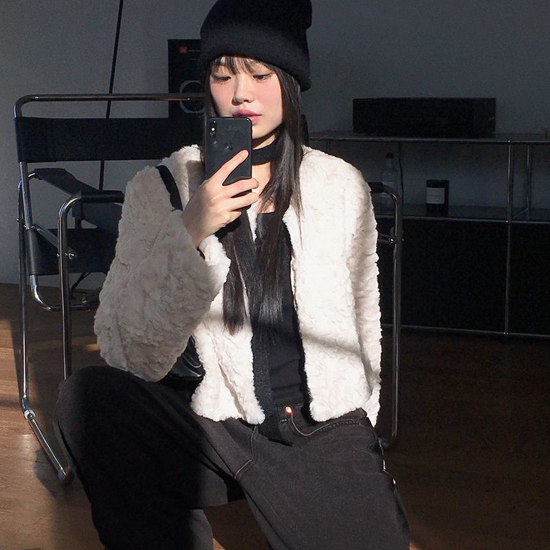 Lilt round no-collar fur jacket