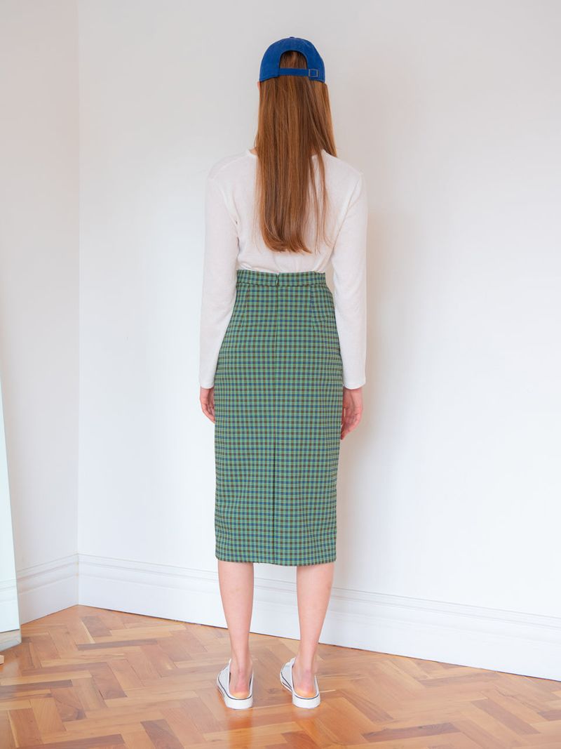 CHECK MIDI SKIRT_GREEN