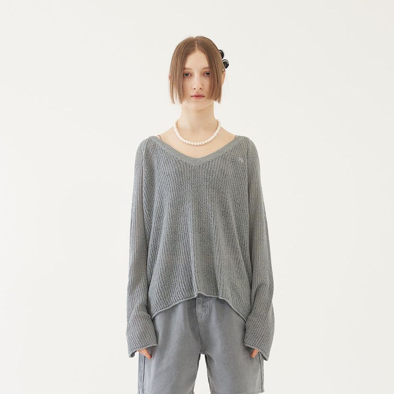 V-NECK KNIT TOP (GRAY)