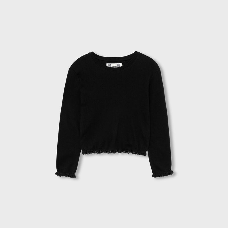 LACE HEM LONG SLEEVE TEE, BLACK