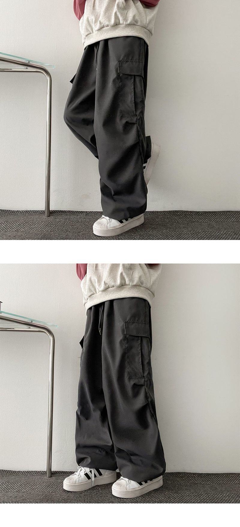 Bicol String Pleated Cargo Wide Pants
