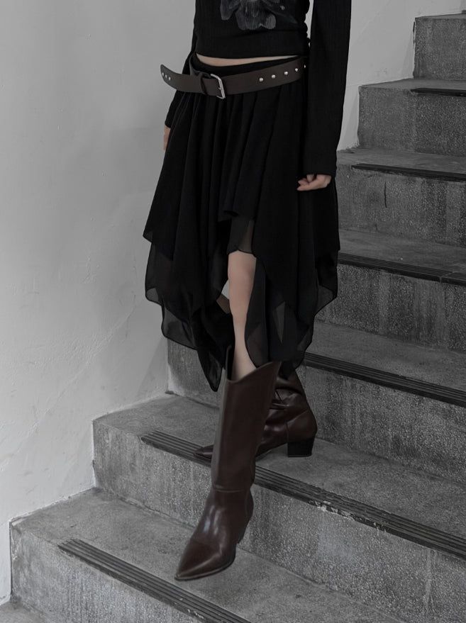 Roach chiffon unbalanced flare skirt