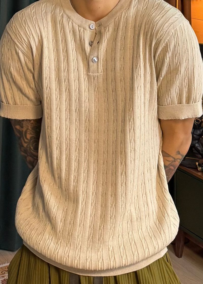 Cable Span Henley Neck Short Sleeve Knit 6COLOR