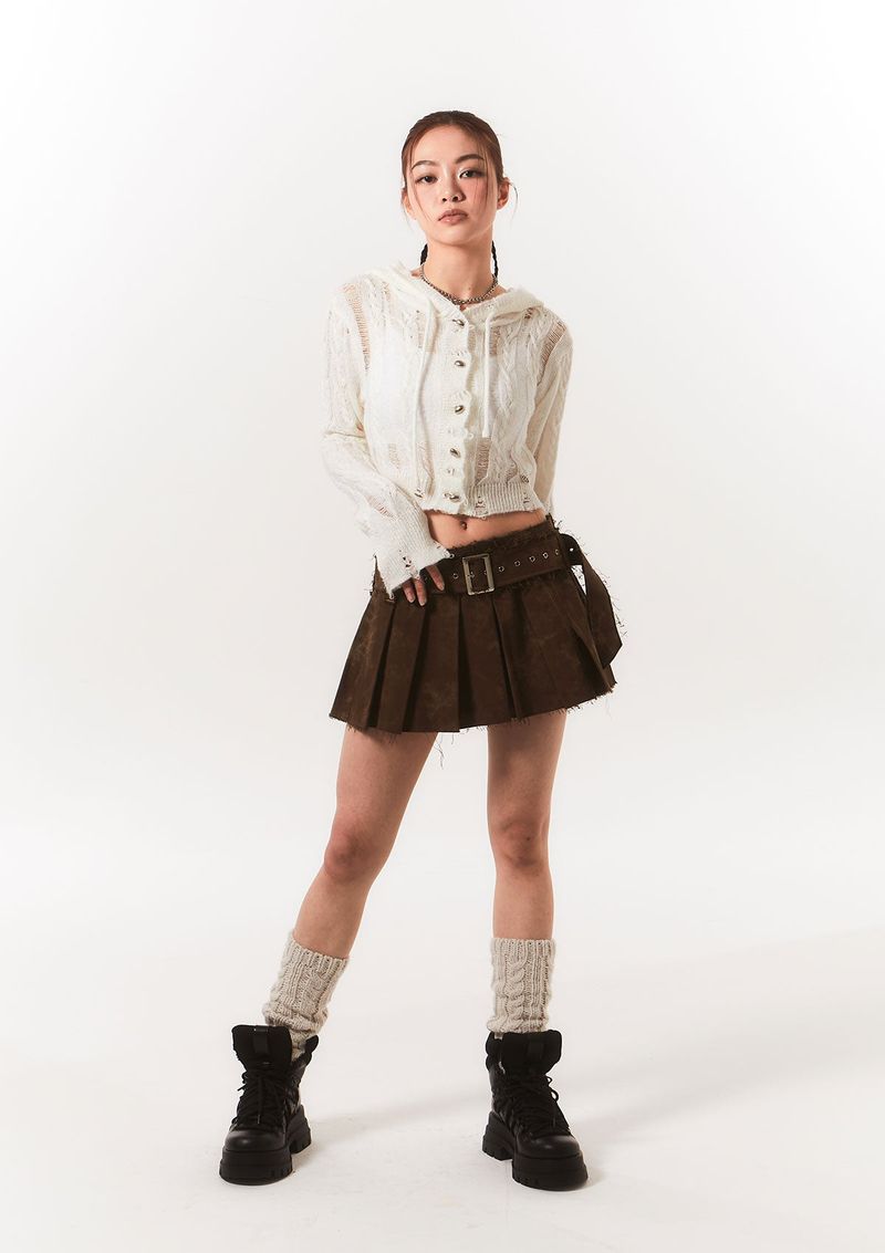 rough belted pleats sk - brown