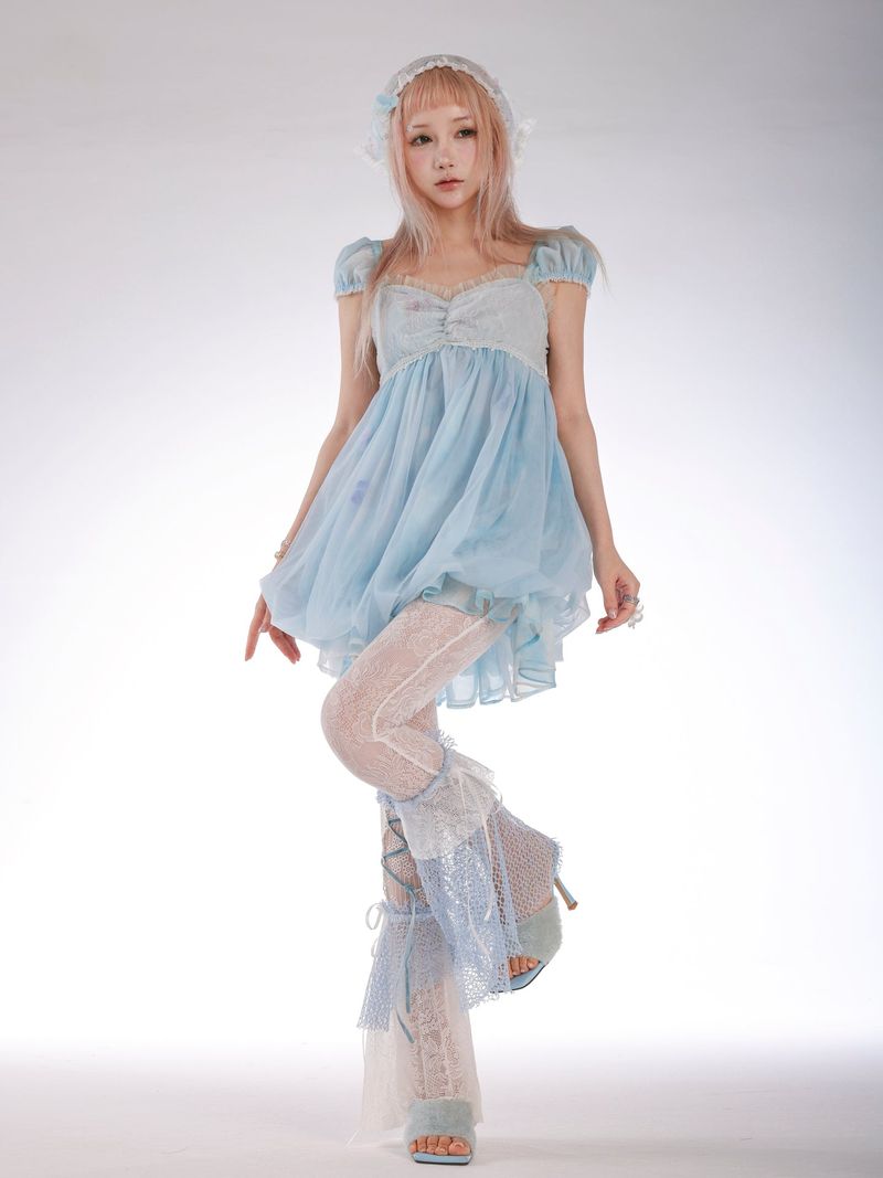 Rose Island Jellyfish Series Moonlight Girl Patchwork Lace Mesh Dress with Built-in Puffy Skirt