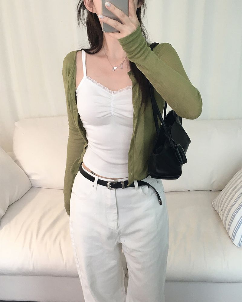 Modal lace shirring cropped sleeveless shirt (3 colors)