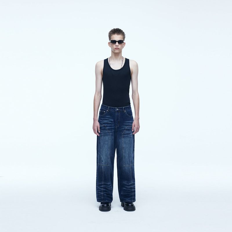 Double Knee Carpenter Wide Denim Pants Blue