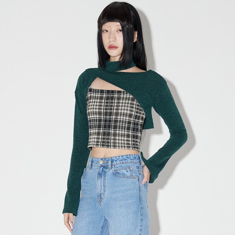ZEROPLANET（ゼロプラネット）の「レイヤードチェックニットセット / Layered Check Knit Set [GREEN]（Tops）」