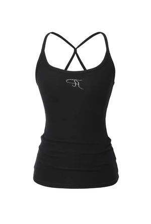 【即日発送】Jewel cross back tank top - black