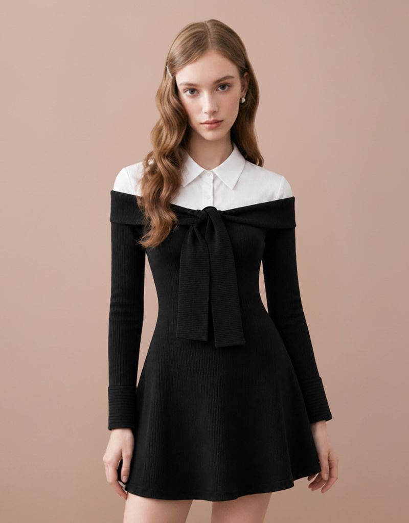 Elly Off-Shoulder Tie Ribbed Long-Sleeve Mini Knit Dress Black