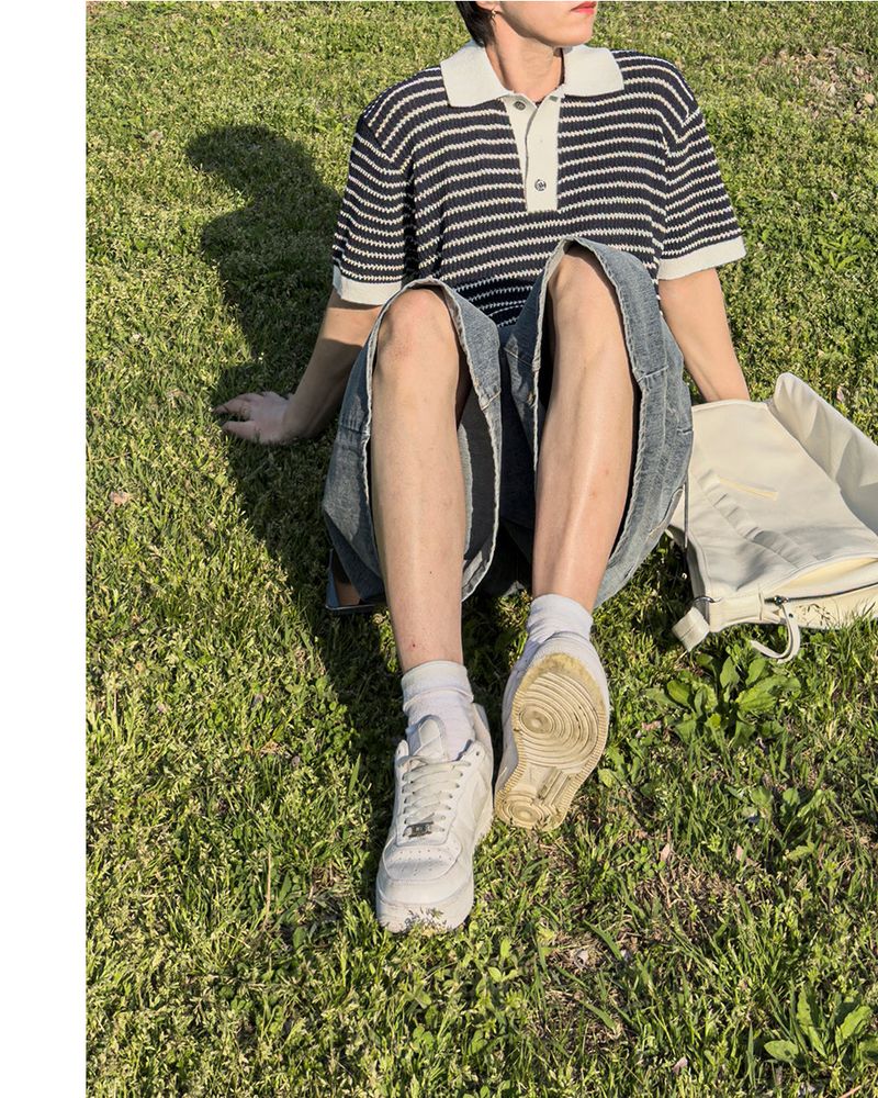 Windy Buckle Stripe Collar Short Sleeve Knit