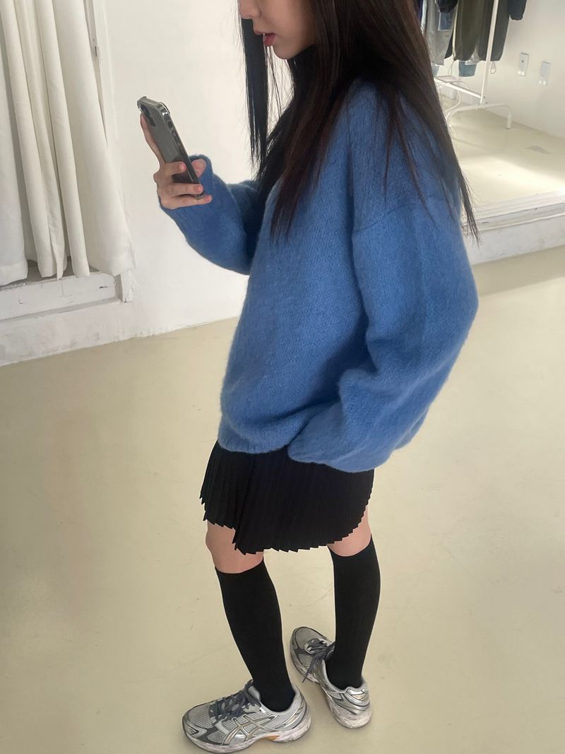 Blue Mohair V neck Knit 