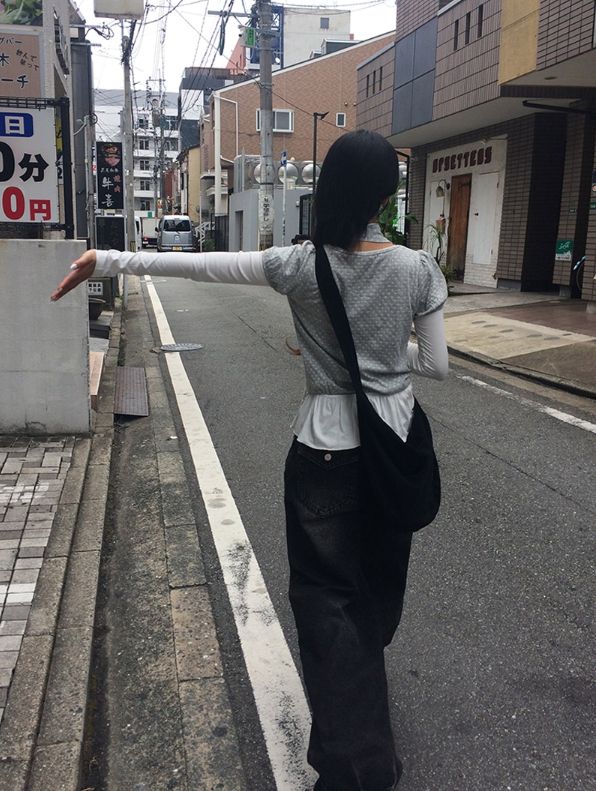 [3-piece Scarf set] ビューレン ドット レイヤード ボタン シャーリング ロングスリーブ Tシャツ
