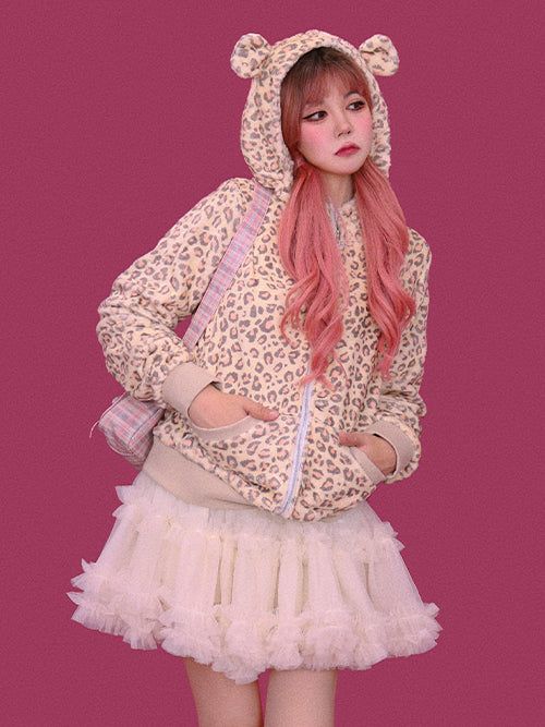 KUO（クーオ）の「mimi leopard bear hood zip-rp (기모)（Tops）」