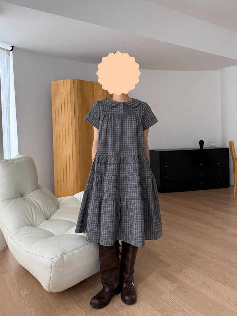 round collar check midi dress 