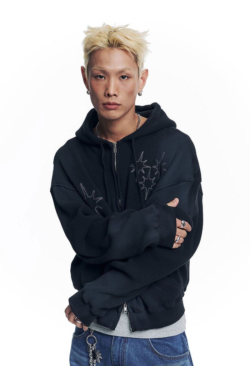 Washed Star Waffle Hooded Zip-Up - Black