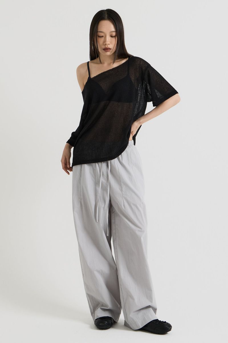 Knit one-shoulder t-shirt, Black