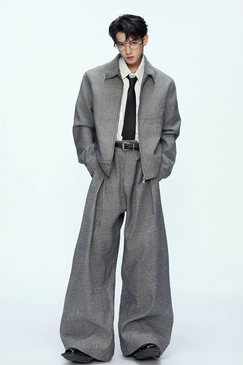 Rhinestone Sequin Pleated Trousers