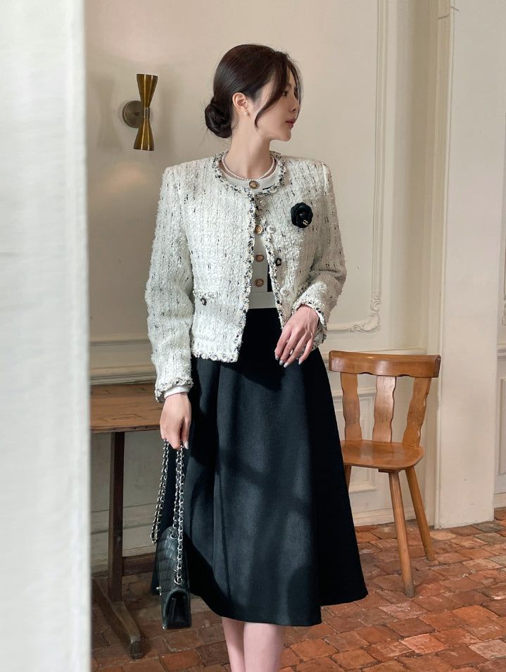 Tiang Round Color Matching Tweed Jacket (Brooch Set)