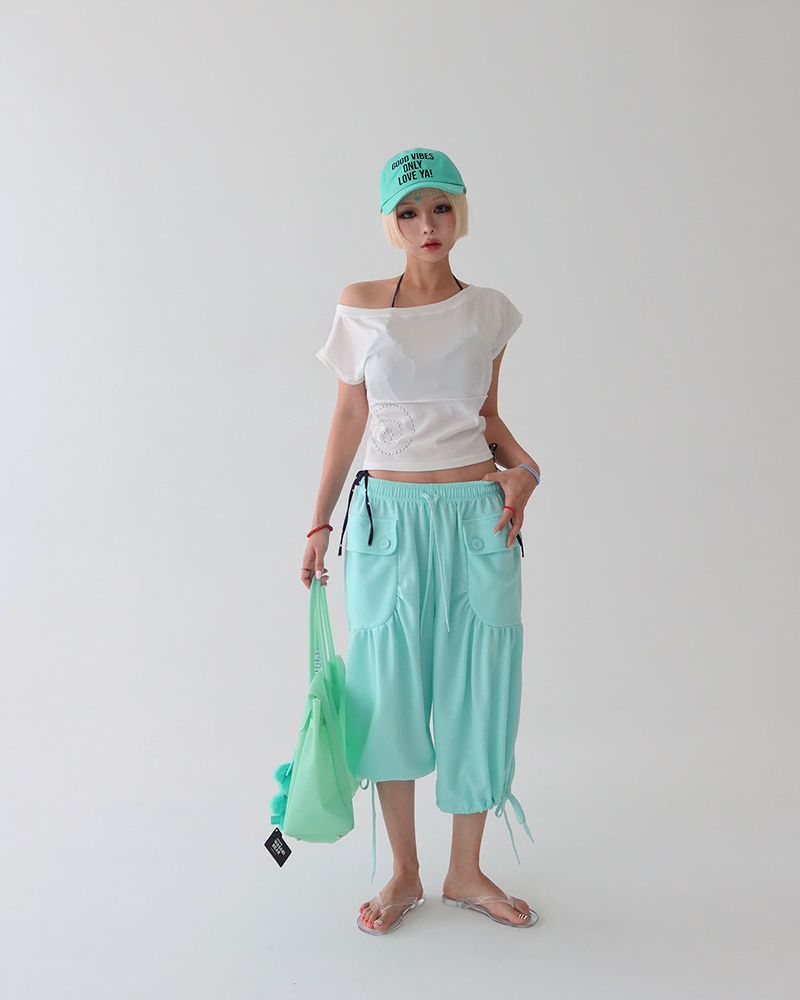 Button Big Pocket Bermuda Harem Capri Pants