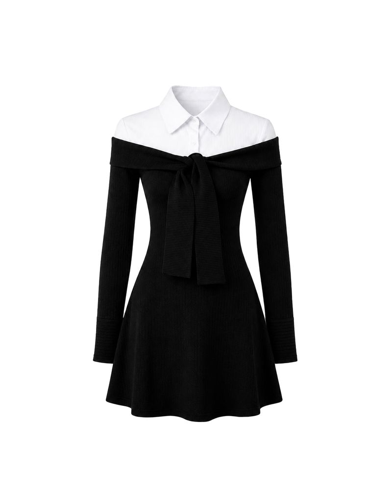 Elly Off-Shoulder Tie Ribbed Long-Sleeve Mini Knit Dress Black