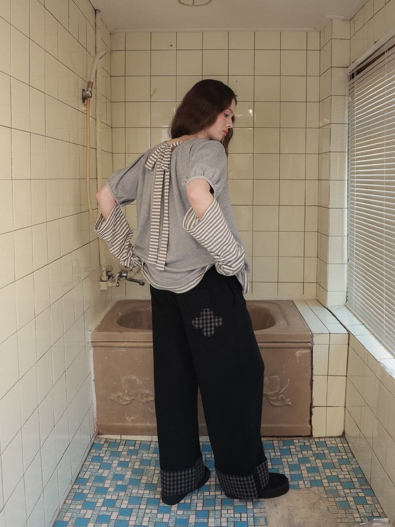 Check folding fleece pants / black