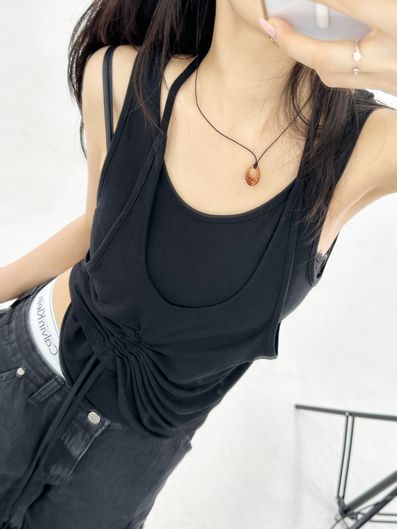 LAYERED SHIRRING POINT SLEEVELESS🤎💚🖤🤍 - 4 COLORS