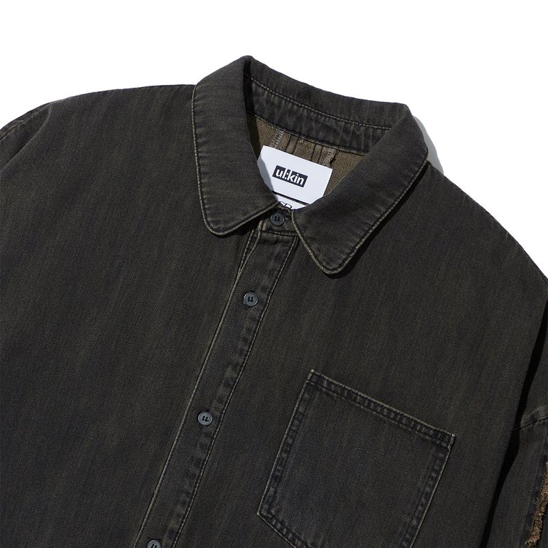 [ULKIN] Cross Raw Edge Denim Shirt_Black