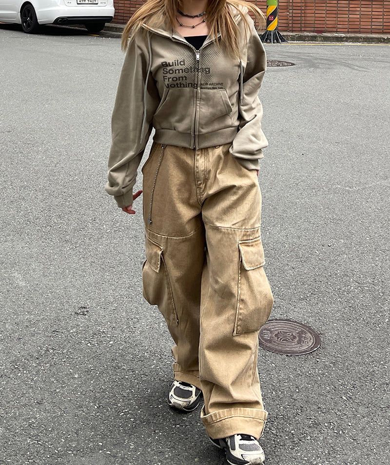 Ding denim slit wide cargo pants
