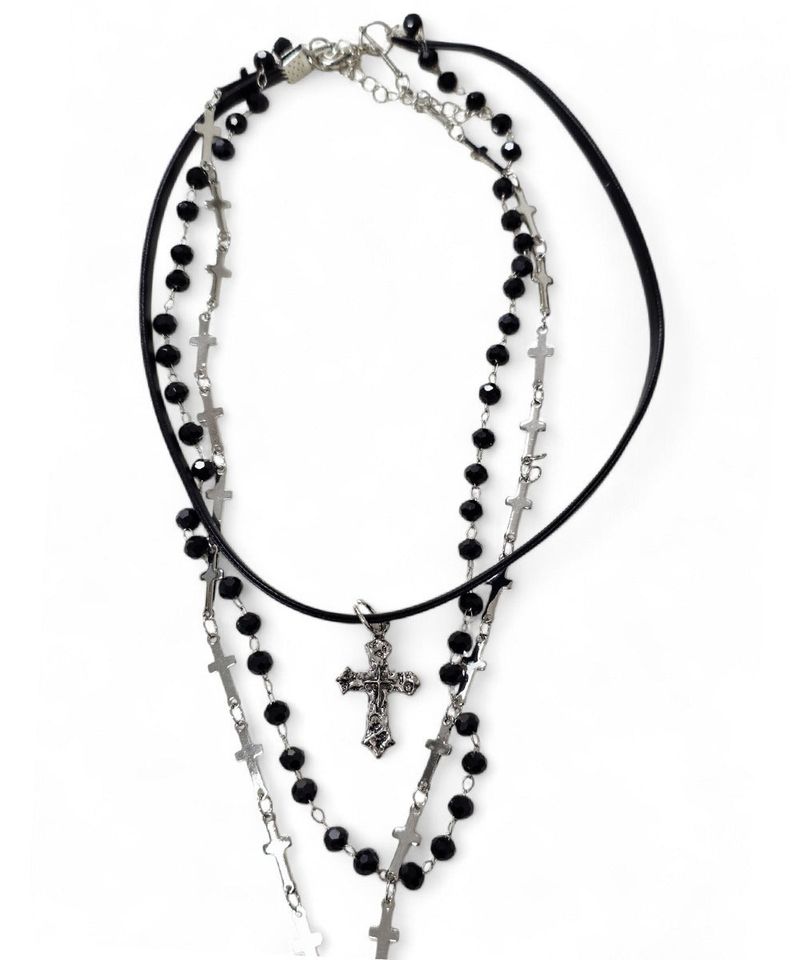 black cross layered necklace