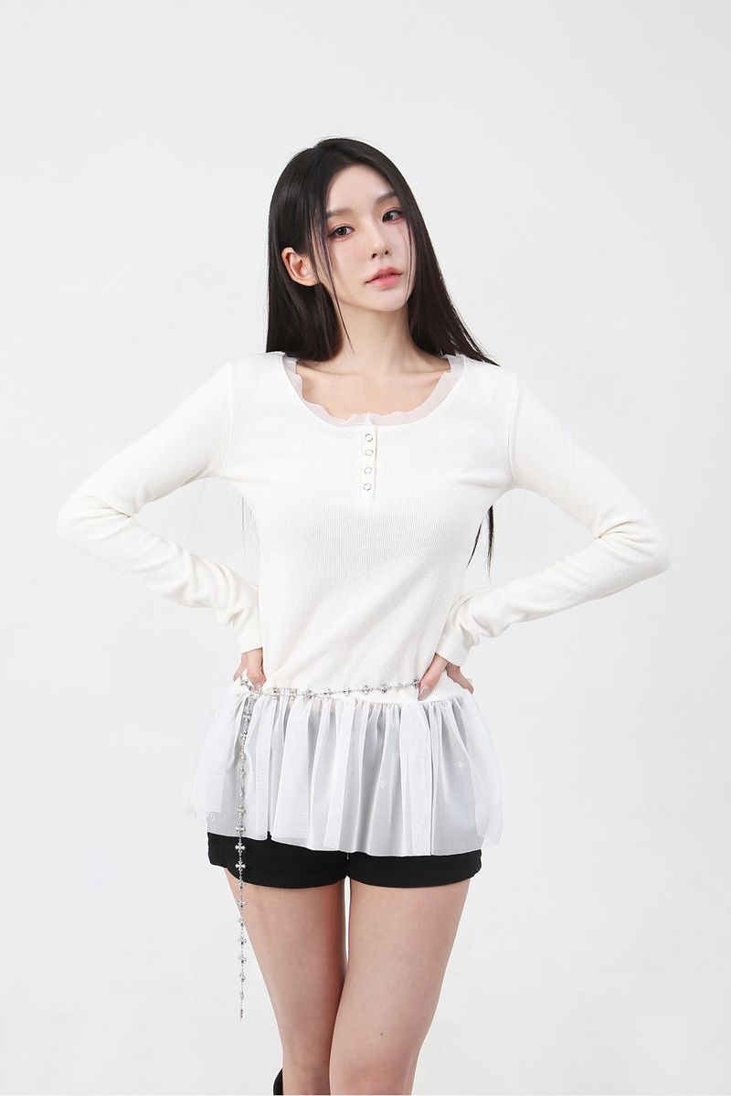  Roundneck Button Shirring T-shirt