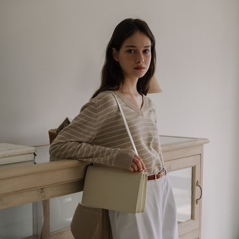 V-neck Stripe Knit - Beige