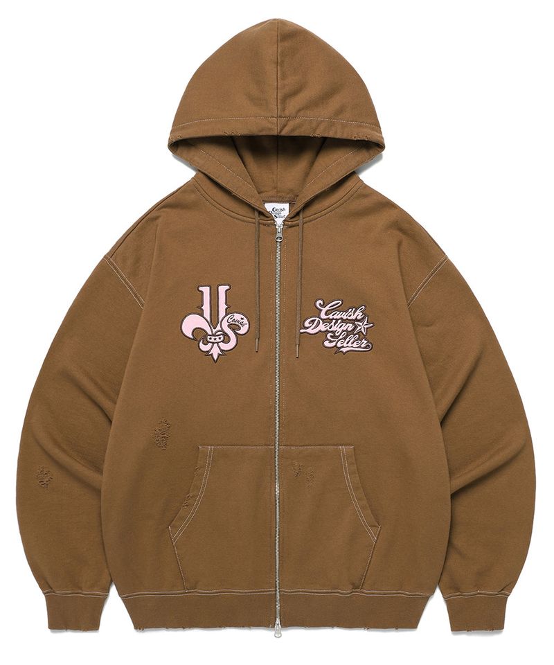 cavish（カビシ）の「DAMAGED APPLIQUE ZIP UP HOODIE BROWN(CV2EFUM481A)（Tops）」