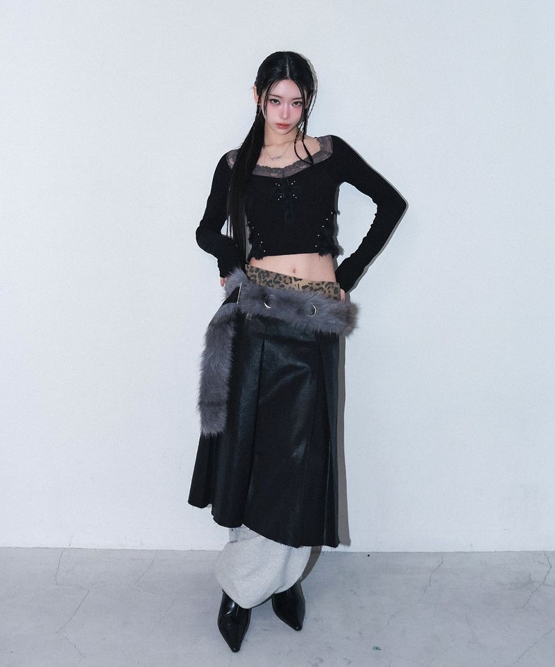 leopard long pleats wrap sk - black
