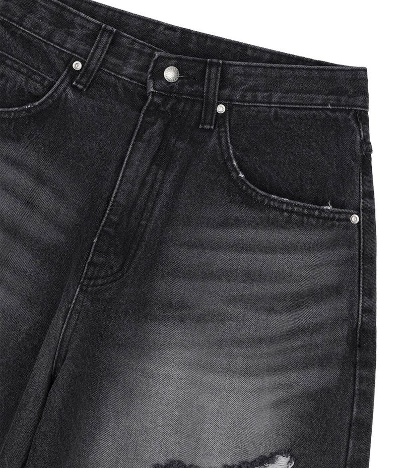 Distressed Curved Denim Pants - Black