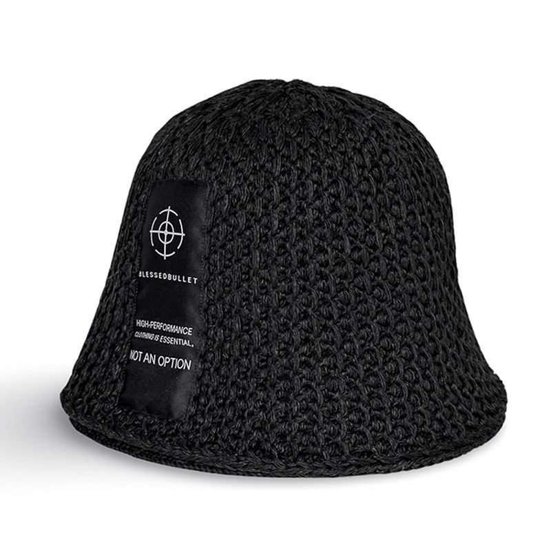 Over size long logo knit bucket hat_cold black