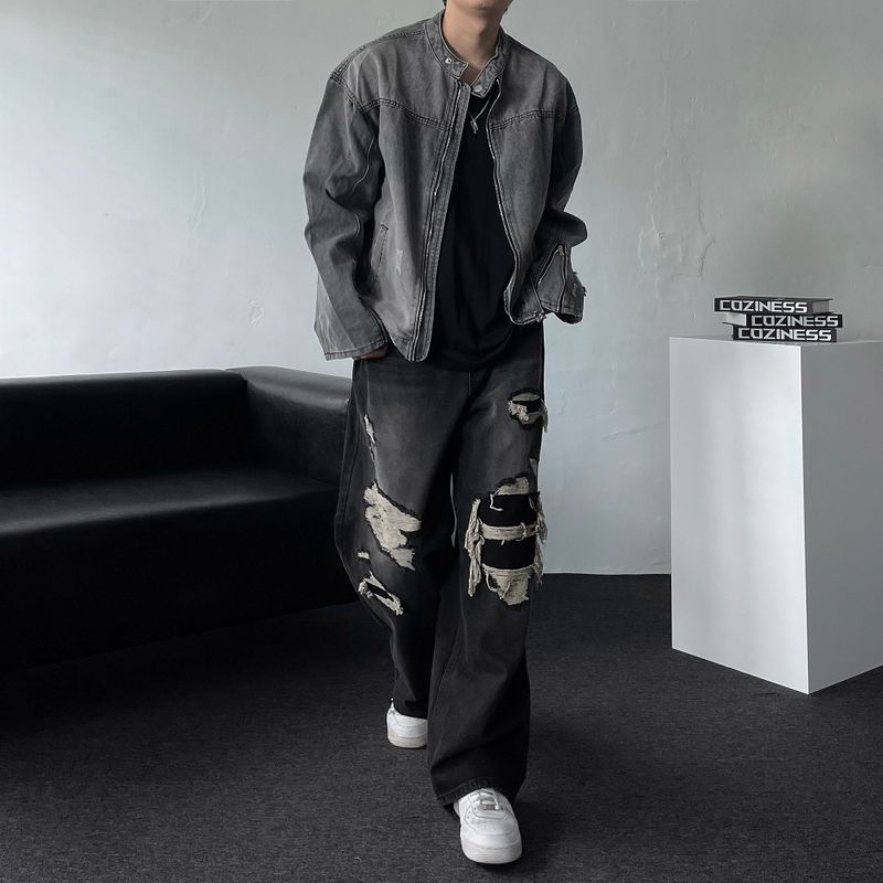 Gray Damage Black Jeans Jacket (D784205639992)