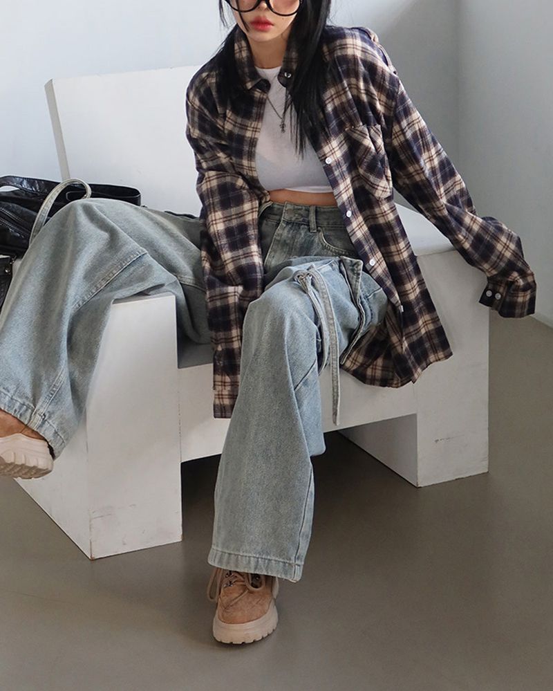 a navy checkered shirt