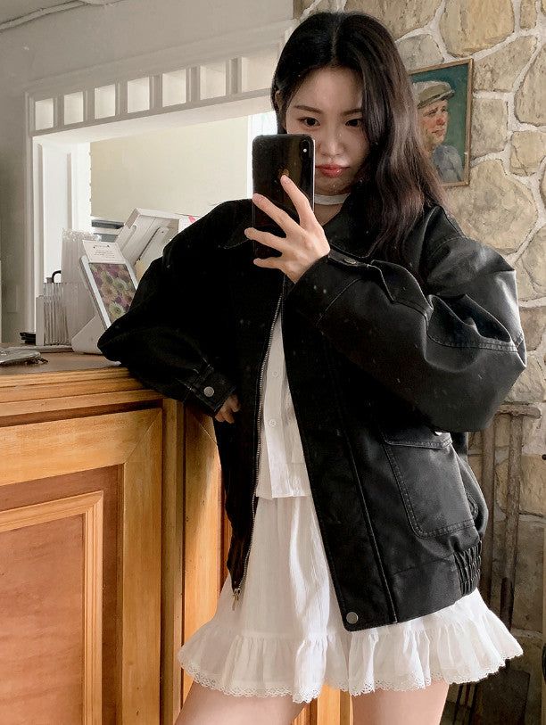 #Big Pocket Collar Loose Leather Jacket