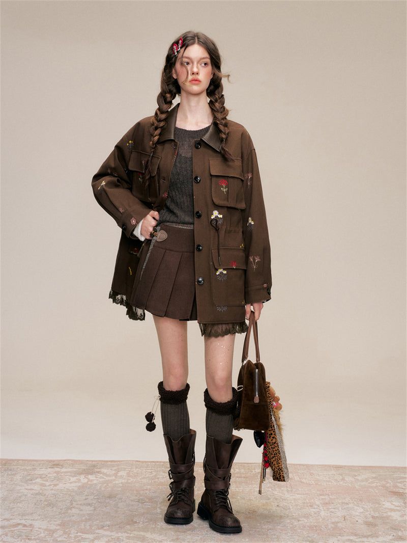 Floral Embroidery Cotton Cargo Jacket