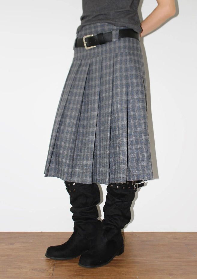 (WOOL) CHECK PLEATS MIDI SKIRT
