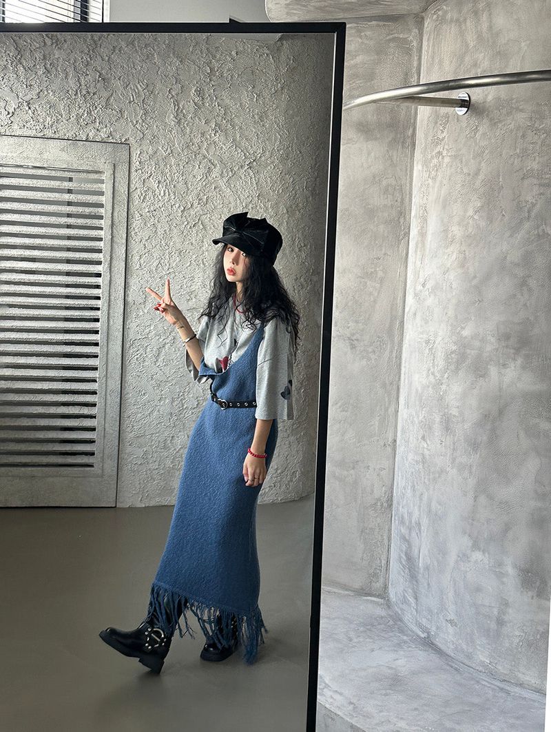 knit fringe bustier long dress