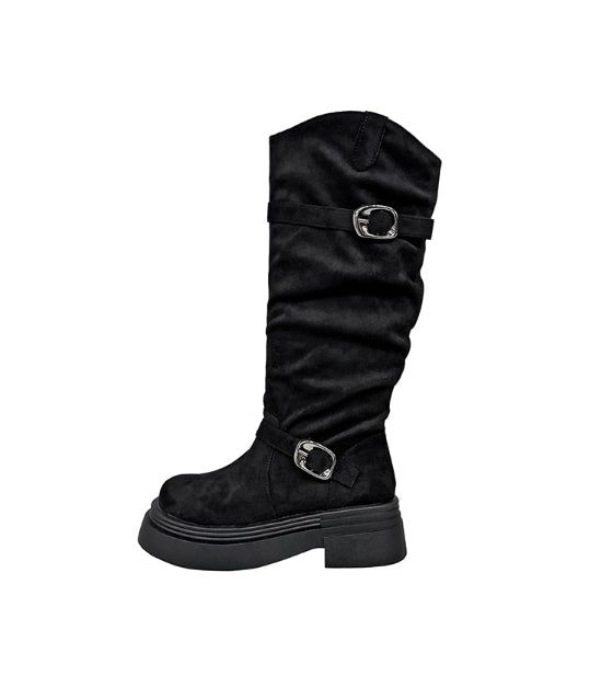 Double Buckle Suede Platform Sole Long Boots
