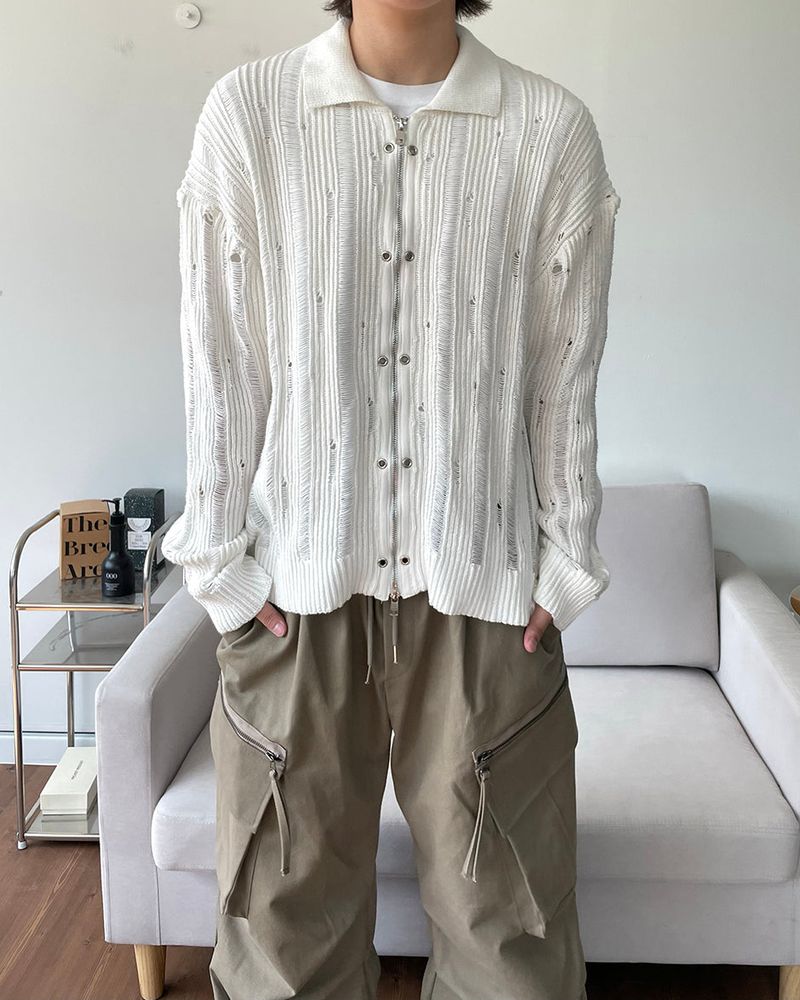Eyelet Zip-up Knit Cardigan